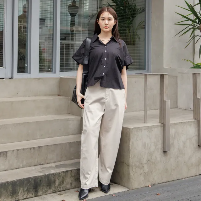 【M：MINb】紙感輕盈連袖寬襯衫(黑色/中大尺碼女裝/大尺碼女裝/XL女裝/大尺碼上衣/上班穿搭)