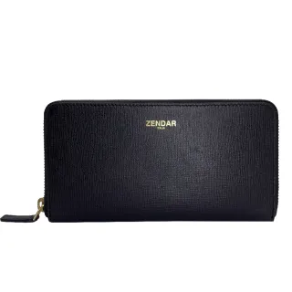 【ZENDAR】台灣總代理 限量1折 頂級小牛皮十字紋拉鍊長夾 卡門系列 全新專櫃展示品(黑色 贈禮盒提袋)