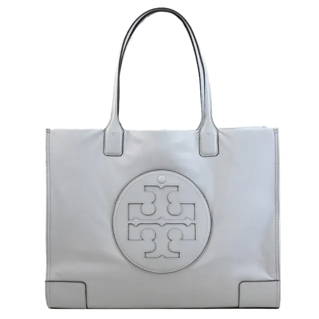 【TORY BURCH】圓標雙T LOGO素面尼龍皮邊飾大容量托特包(淺灰藍)