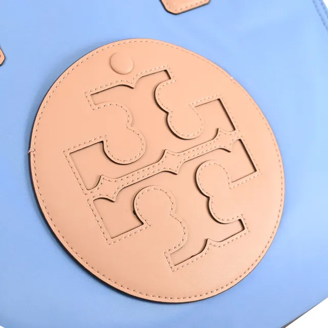【TORY BURCH】圓標雙T LOGO撞色尼龍皮邊飾托特包(藍)
