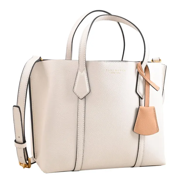 【TORY BURCH】Perry 簡約燙金LOGO吊飾皮革手提包三層包兩用包(白)