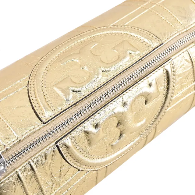 【TORY BURCH】Fleming 經典雙T LOGO揉製絎縫肩背包圓筒包(金)