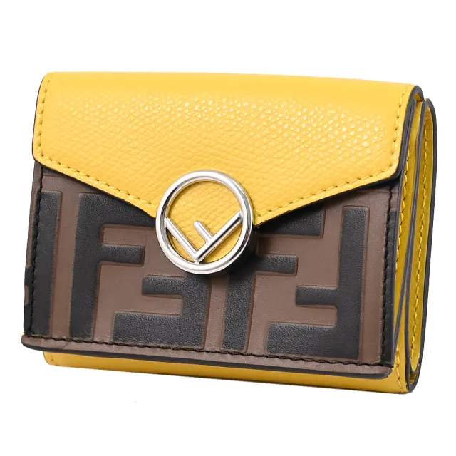 【FENDI 芬迪】經典雙F LOGO壓紋撞色皮革三折零錢小短夾(深咖)