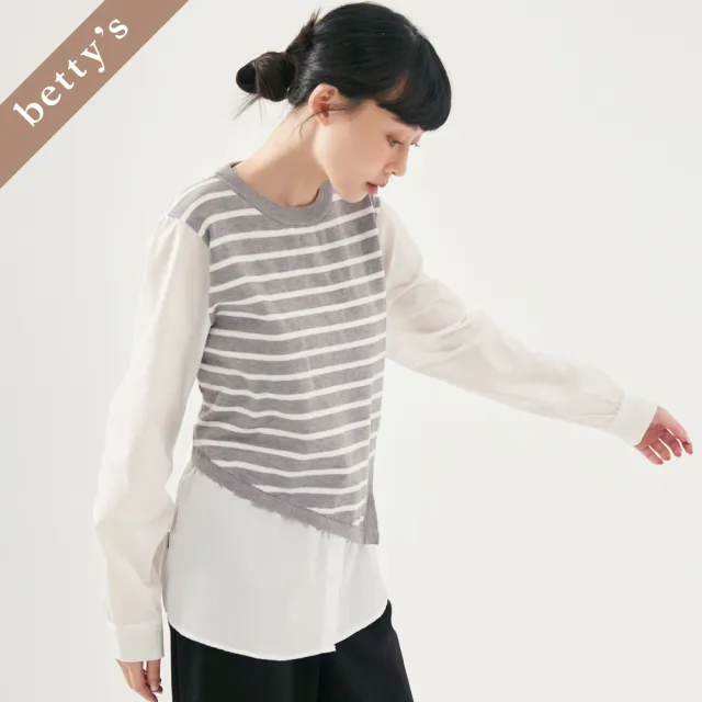 【betty’s 貝蒂思】出清品  假兩件不對稱條紋拼接上衣(灰色)