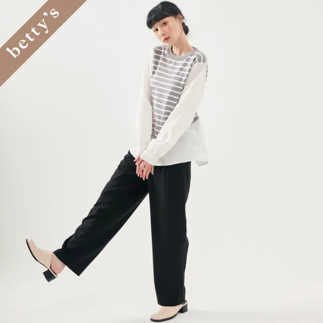【betty’s 貝蒂思】出清品  假兩件不對稱條紋拼接上衣(灰色)