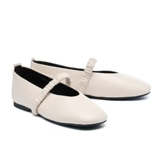 【HELENE_SPARK】簡約舒柔抓皺寬帶軟羊皮瑪莉珍平底鞋(米白)