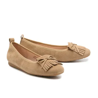 【MELROSE】美樂斯 復古氣質蝴蝶結流蘇牛麂皮圓頭平底鞋(棕)