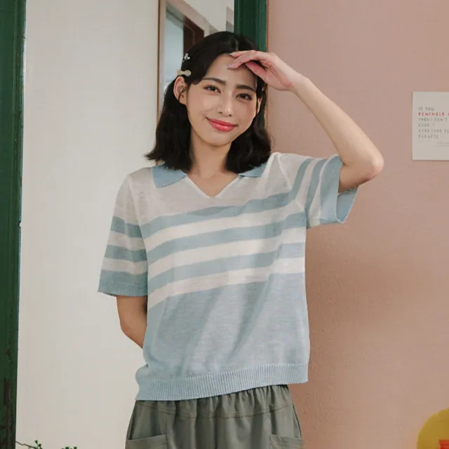 【Dailo】夏日舒適條紋翻領短袖針織上衣(藍 灰/魅力商品)