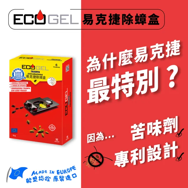 【ECOGEL 易克捷】歐洲原裝除蟑/除蟻盒15公克x3任選(專利設計免接觸藥劑 蟑螂藥螞蟻藥)