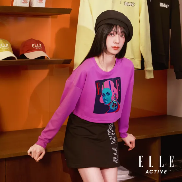 【ELLE ACTIVE】女款 個性藝術 印花 短版 長袖上衣-紫色(EA25A2W1704-25)