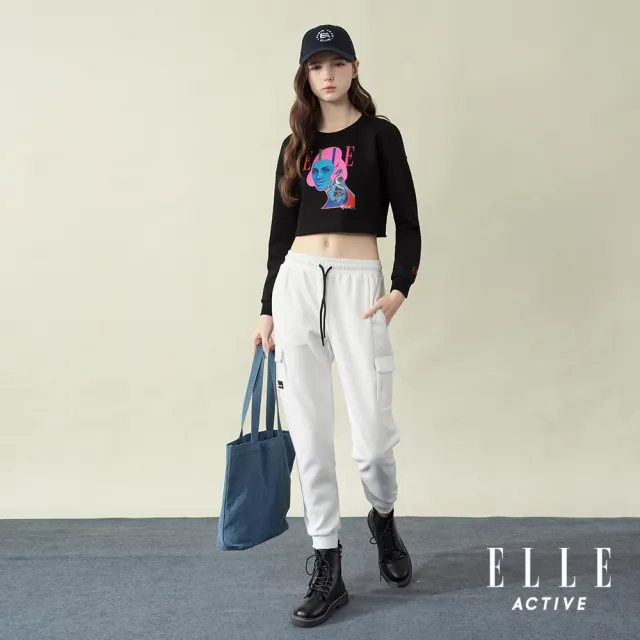 【ELLE ACTIVE】女款 個性藝術 印花 短版 長袖上衣-黑色(EA25A2W1703-99)