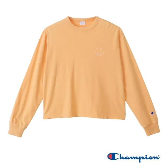 【Champion】官方直營 女款-CASUAL 寬版刺繡印花水洗長袖TEE-橘色(CW-C404-453-日規)