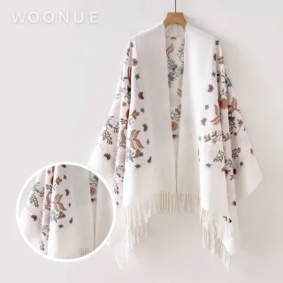 【WOONUE】女士專櫃高質感立體刺繡柔軟羊毛絨質感親膚寬版斗篷圍巾冷氣披肩(保暖女友老婆媽媽生日聖誕禮物)