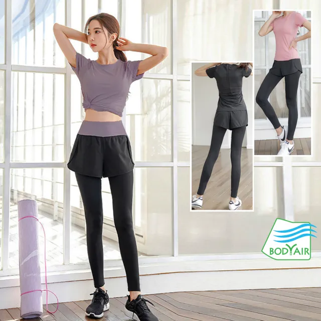【BODYAIR】拼小腰透網上衣+假兩件拉鍊腰九分褲套組(瑜珈.運動.慢跑.透氣.舞蹈.運動服.運動褲)
