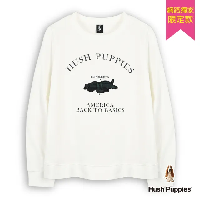 【Hush Puppies】女裝 T恤 素色簡約格紋趴趴狗長袖T恤(白色 / 54211902)