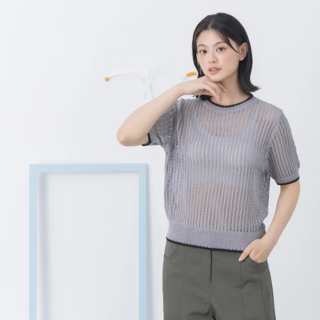 【MOSS CLUB】夏季撞色飾邊鏤空洞洞短袖針織上衣(杏 灰/魅力商品)
