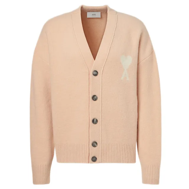 【AMI PARIS】男女同款 品牌LOGO 羊駝毛混紡針織外套-淺粉色(XS號、S號、M號、L號、XL號)