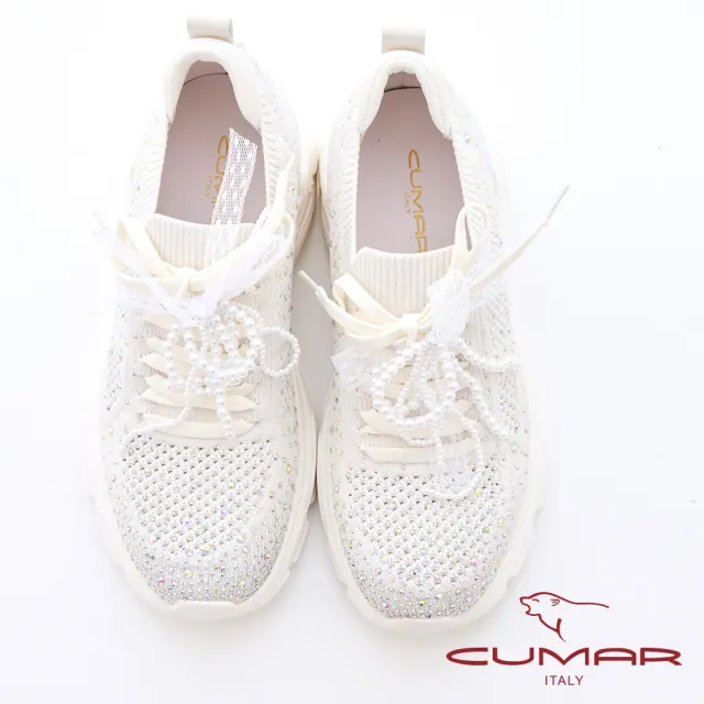 【CUMAR】飛織布珍珠裝飾休閒鞋(米白色)
