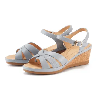 【MAGY】真皮壓紋拼接編織楔型涼鞋(淺藍)