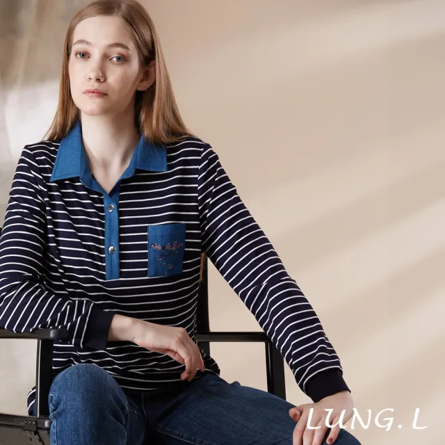 【LUNG.L 林佳樺】LT10A 藍色條紋拼接牛仔襯衫領長袖女裝上衣(秋冬新品)