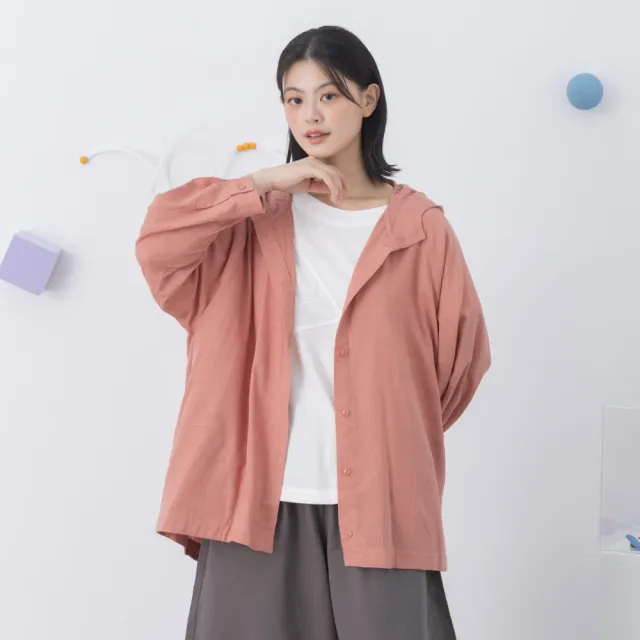 【MOSS CLUB】棉麻連帽防曬罩衫(粉 綠)