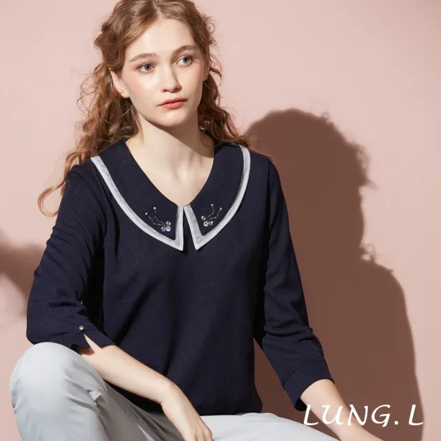 【LUNG.L 林佳樺】LT88A 優雅深藍色海軍領珠飾七分袖女裝上衣(秋冬新品)