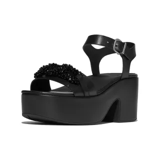 【FitFlop】PLATFFORMS 厚底串珠鏈條高跟踝帶涼鞋-女(黑色)