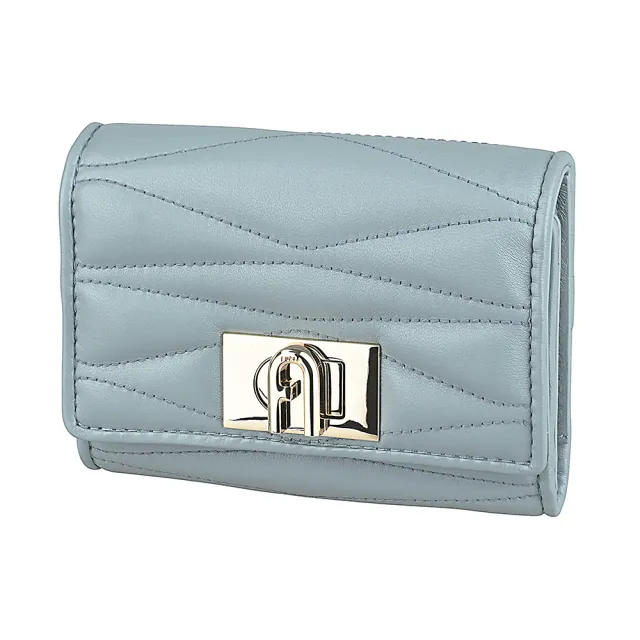 【FURLA 芙拉】FURLA 1927鍍金拱形LOGO皮革絎縫設計8卡旋釦式三折短夾(中/灰藍)