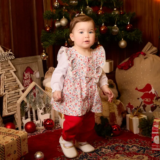 【奇哥】Chic a Bon 嬰幼童裝 歡樂熊碎花蝴蝶結假兩件長袖兔裝/連身衣(6-18個月)