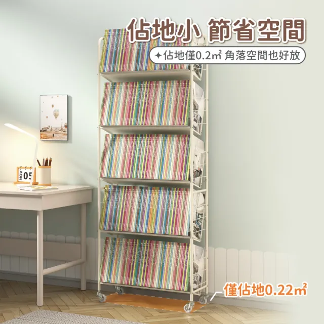 【慢慢家居】升級層板-奶油風超穩固可移動鐵藝五層書架(文件推車 兒童書架 移動書櫃)