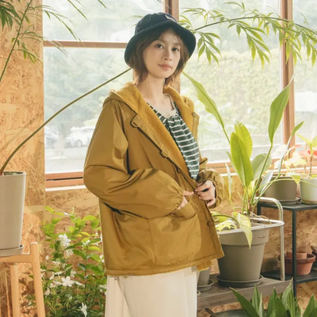 【MOSS CLUB】雙面穿顆粒絨毛多口袋連帽外套(米 黃/魅力商品)