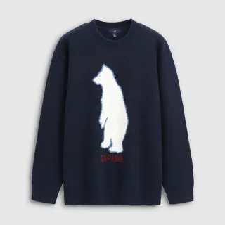 【GAP】男裝 Logo小熊刺繡圓領長袖針織衫-海軍藍(792153)