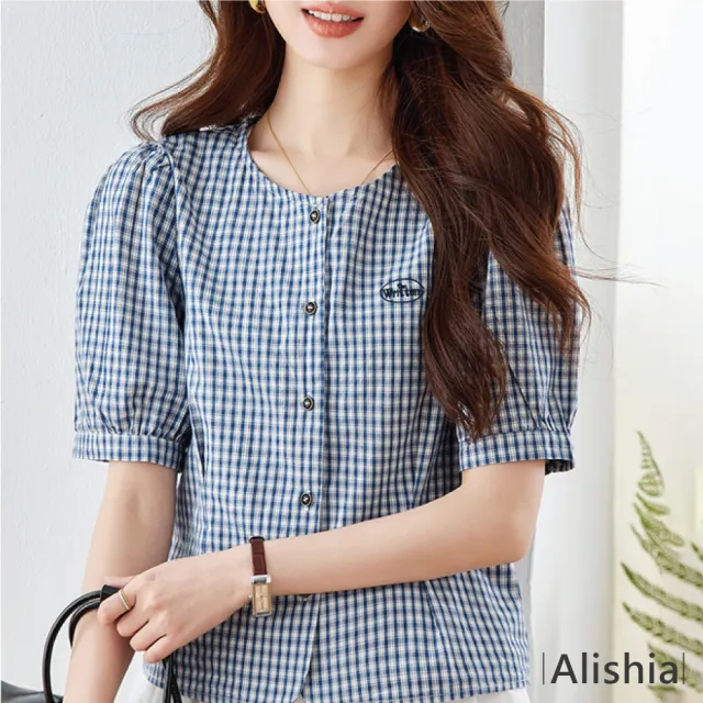 【Alishia】清新風格短袖格紋寬鬆襯衫 M-2XL(藍色)