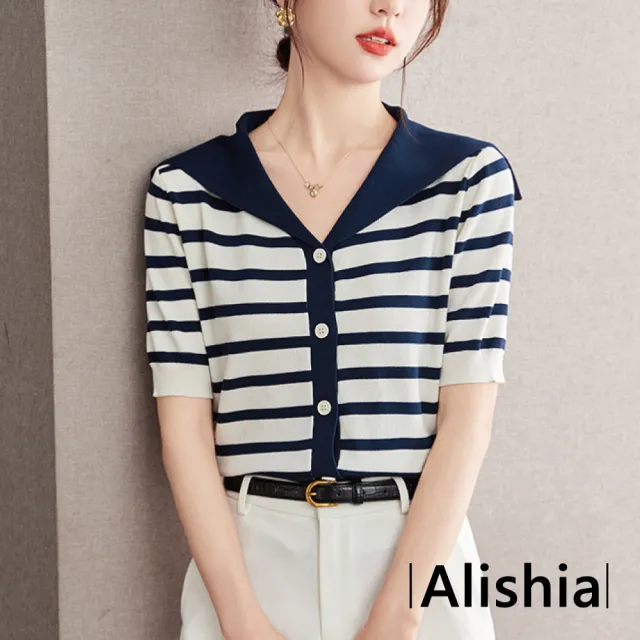 【Alishia】清爽冰絲針織帶領鈕扣海軍風上衣(藍色條紋)