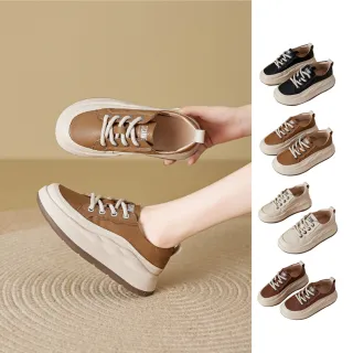 【J&H collection】質感真皮圓頭厚底休閒鞋 運動鞋(米色／黑色／棕色／卡其色)