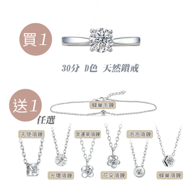 【King Star】買一送一 30分D色 3EX K金 天然鑽石 戒指 光芒 送天然鑽石K金項鍊(八心八箭 完美車工)