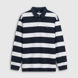 【GAP】男裝 純棉小熊刺繡長袖POLO衫-海軍藍條紋(788327)