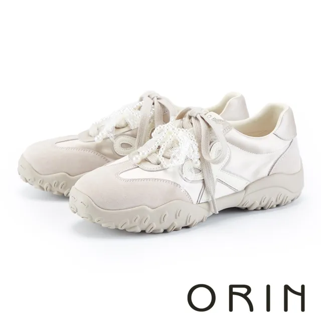 【ORIN】珍珠蕾絲甜感綁帶運動休閒鞋(米色)
