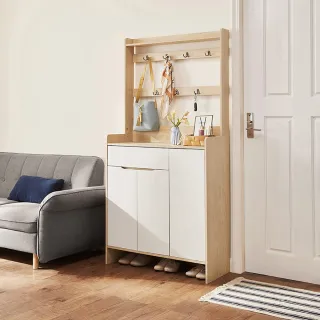 【hoi! 好好生活】林氏木業美式現代小戶型附掛勾雙門對開0.9M鞋櫃 JS2N-A(原木色+白色)