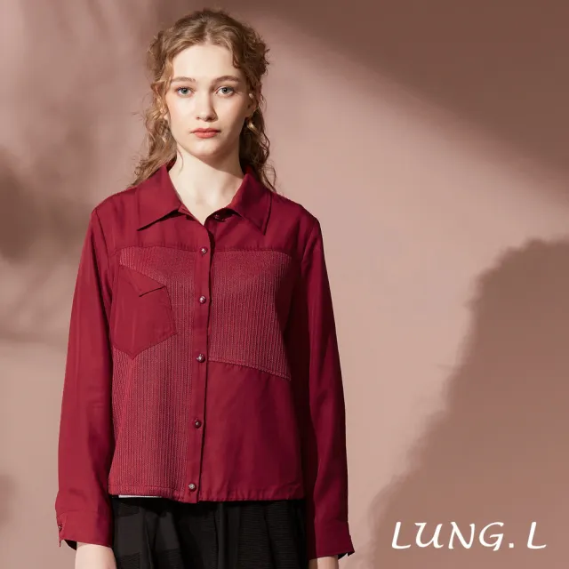 【LUNG.L 林佳樺】LT69C 酒紅色異素材拼長袖女裝襯衫(秋冬新品)