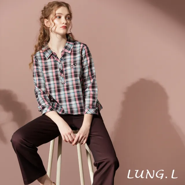 【LUNG.L 林佳樺】LU11A 粉黑格紋下擺可調棉質九分袖女裝上衣(秋冬新品)