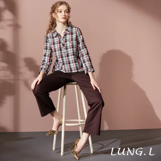 【LUNG.L 林佳樺】LU11A 粉黑格紋下擺可調棉質九分袖女裝上衣(秋冬新品)
