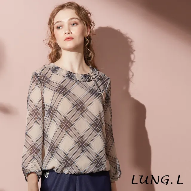 【LUNG.L 林佳樺】LT44A 卡其色大斜格紋輕柔雪紡九分袖女裝上衣(秋冬新品)