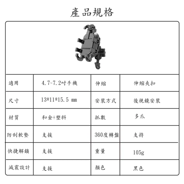 【JINPEI 錦沛】標準版 多抓章魚型 專業摩托車機車 自行車手機架-後視鏡型(JH-02B-M-NS)