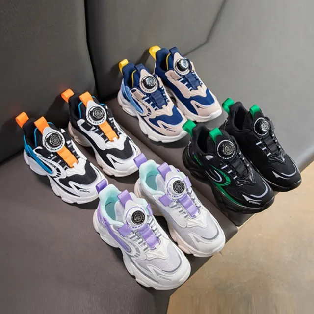 【橘魔法】運動流線旋轉扣鞋帶透氣網面老爹鞋(鞋子 運動鞋 童鞋 旋鈕 大童 男童 女童  兒童  親子款)