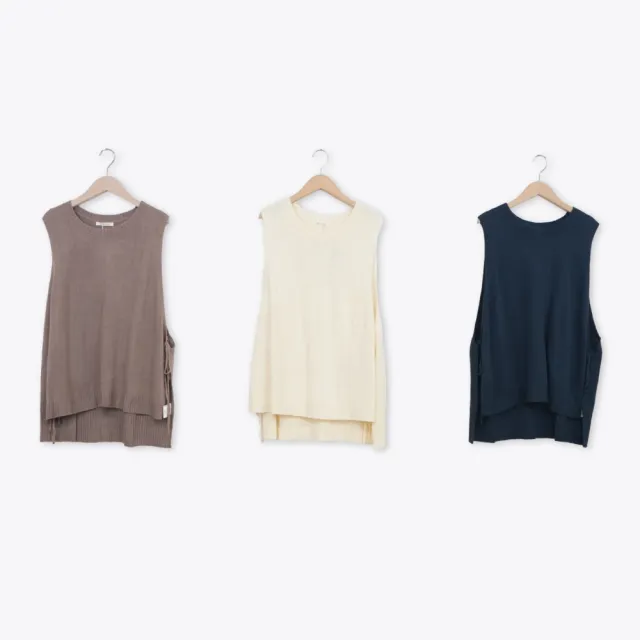 【MOSS CLUB】側綁帶休閒寬鬆圓領長版針織背心(藍 杏 駝/魅力商品)