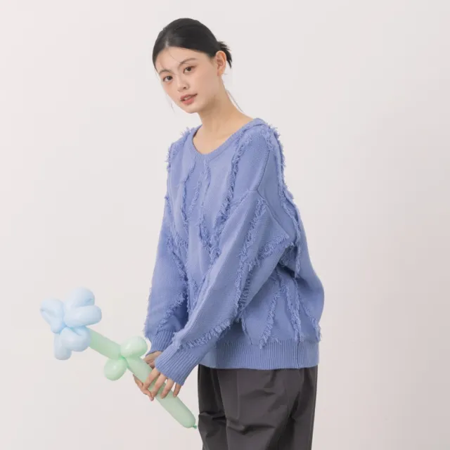 【MOSS CLUB】慵懶手剪毛邊流蘇針織上衣(藍 杏 灰/魅力商品)
