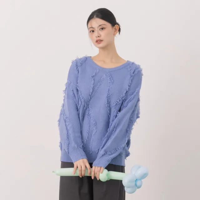 【MOSS CLUB】慵懶手剪毛邊流蘇針織上衣(藍 杏 灰/魅力商品)