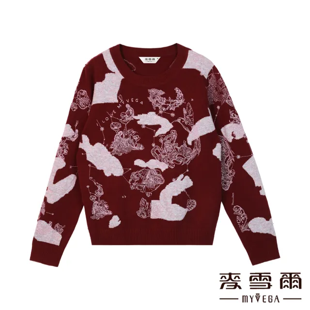 【MYVEGA 麥雪爾】純羊毛雲朵感緹花精緻刺繡針織上衣-暗紅(新年紅色開運穿搭)