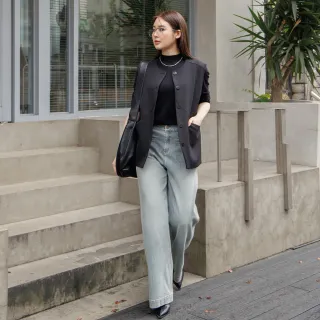 【M：MINb】俐落線條剪接無領排釦西裝背心(黑色/中大尺碼女裝/大尺碼女裝/XL女裝/西裝背心/上衣/通勤穿搭)